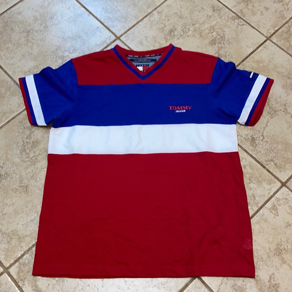 Vintage Tommy Jeans Men’s Red, White, and Blue V neck Shirt